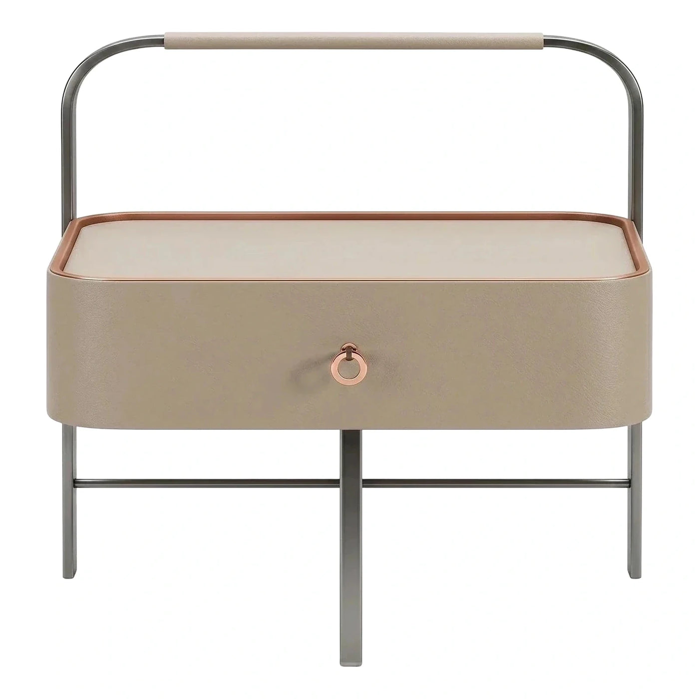 Modern Beige Leather Side Table with Metal Handle