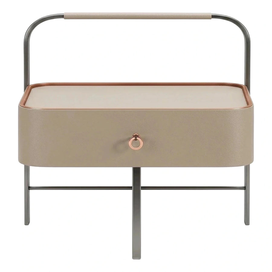 Modern Beige Leather Side Table with Metal Handle