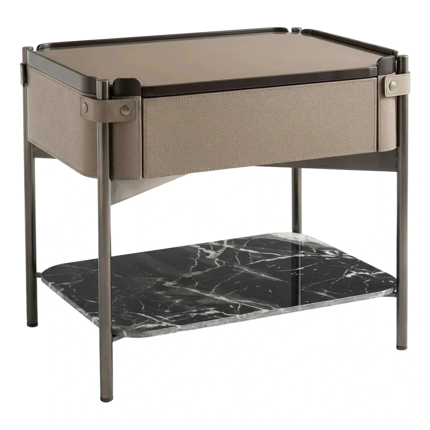 Modern Leather Wrapped Side Table with Marble Shelf