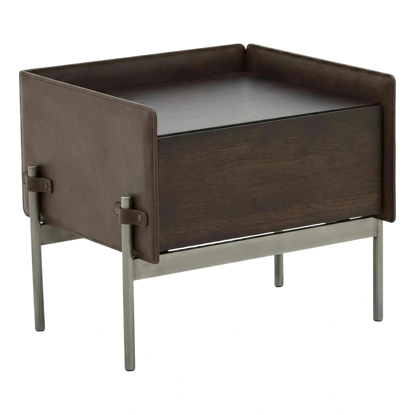 Modern Leather Wrapped Side Table with Metal Frame