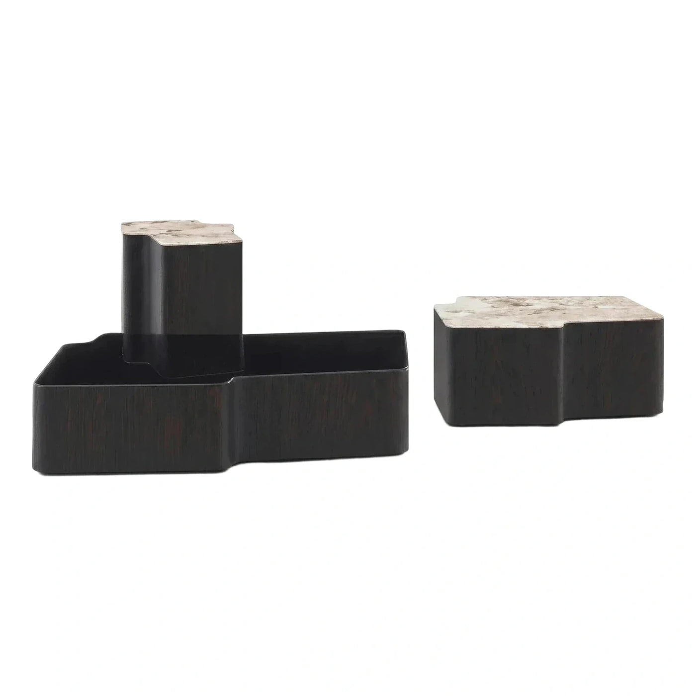 Geometric Dark Wood and Stone Coffee Table Set