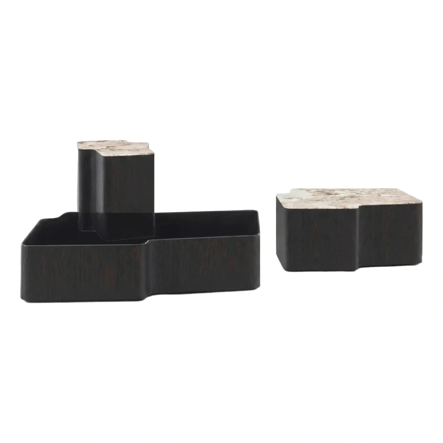 Geometric Dark Wood and Stone Coffee Table Set
