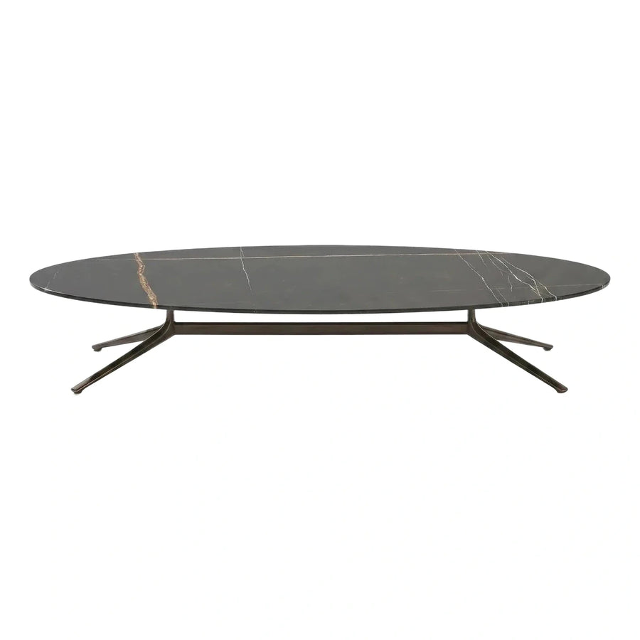 Oval Black Marble Coffee Table with Metal Base