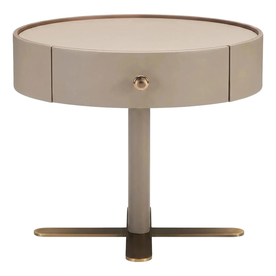 Beige Leather Wrapped Round Side Table with Drawer