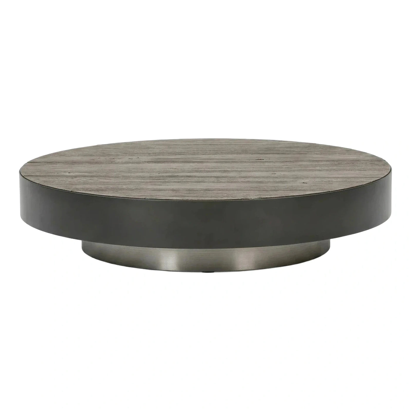 Round Grey Wood Coffee Table with Metal Base