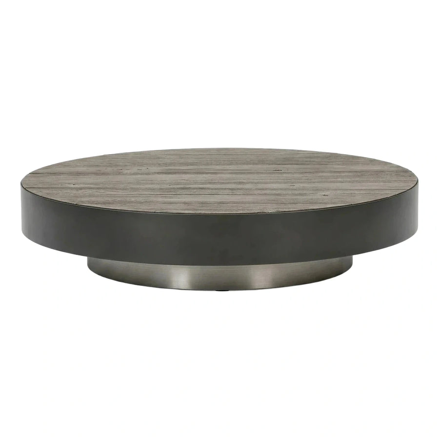 Round Grey Wood Coffee Table with Metal Base