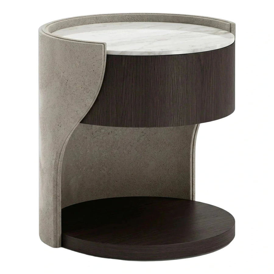 Modern Round Side Table with Marble Top and Wood Base