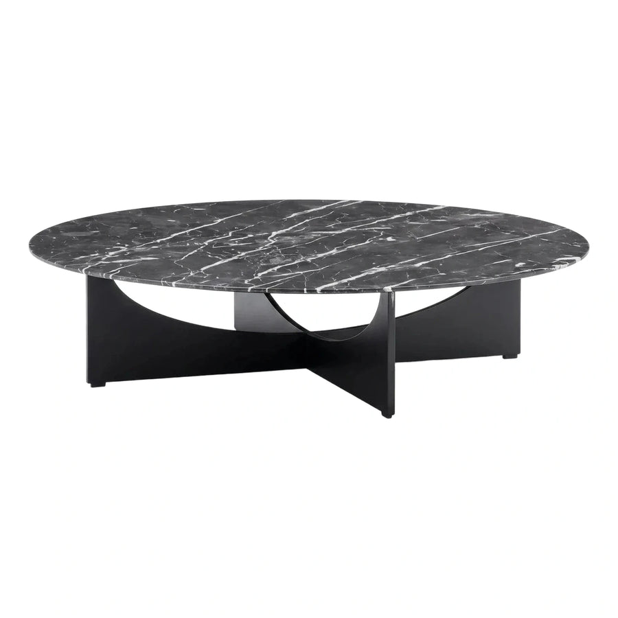 Round Black Marble Coffee Table with Geometric Base