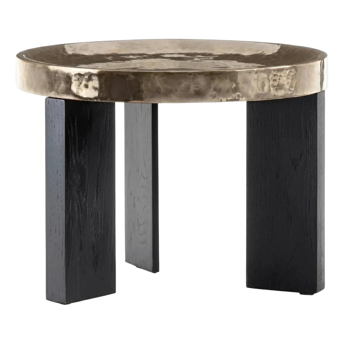 Round Hammered Metal Top Coffee Table Black Wood Base