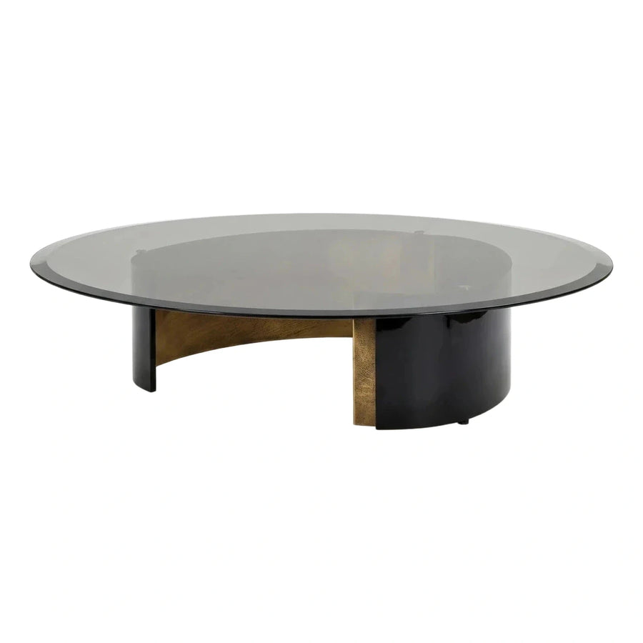 Modern Round Smoked Glass Coffee Table Black Wood Brass