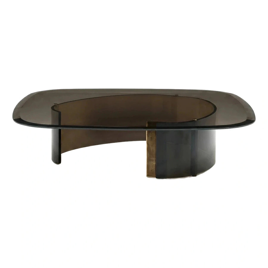 Modern Smoked Glass Oval Coffee Table with Brass