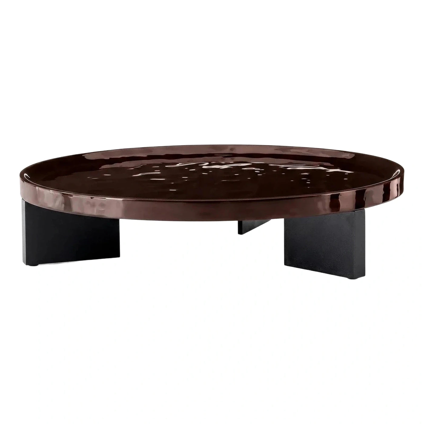 Glossy Dark Brown Oval Coffee Table Black Base