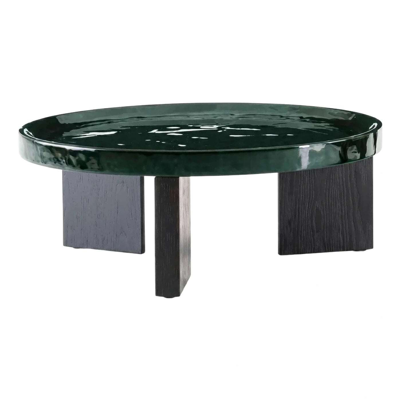 Round Emerald Green Stone Coffee Table with Wood Base