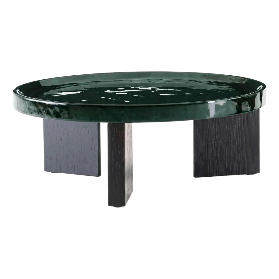 Round Emerald Green Stone Coffee Table with Wood Base