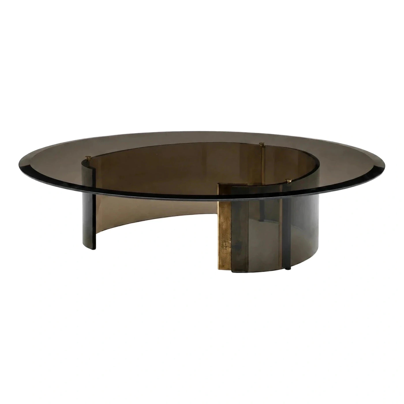 Modern Round Smoked Glass Coffee Table with Brass Accent
