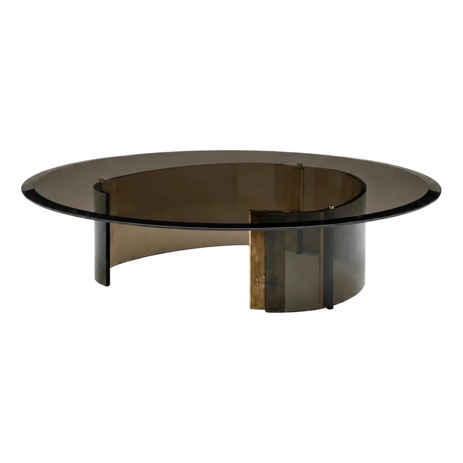 Modern Round Smoked Glass Coffee Table with Brass Accent