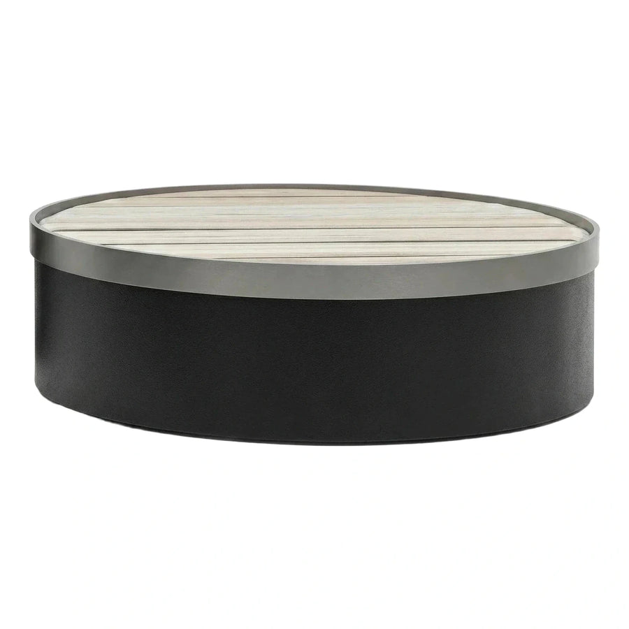 Modern Round Coffee Table with Wood Top and Black Base