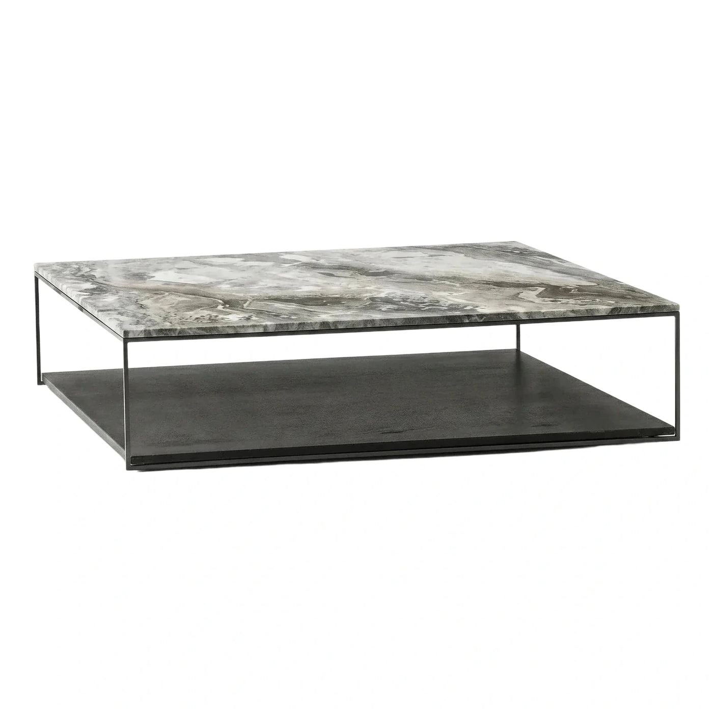 Modern Grey Marble Top Coffee Table With Black Shelf