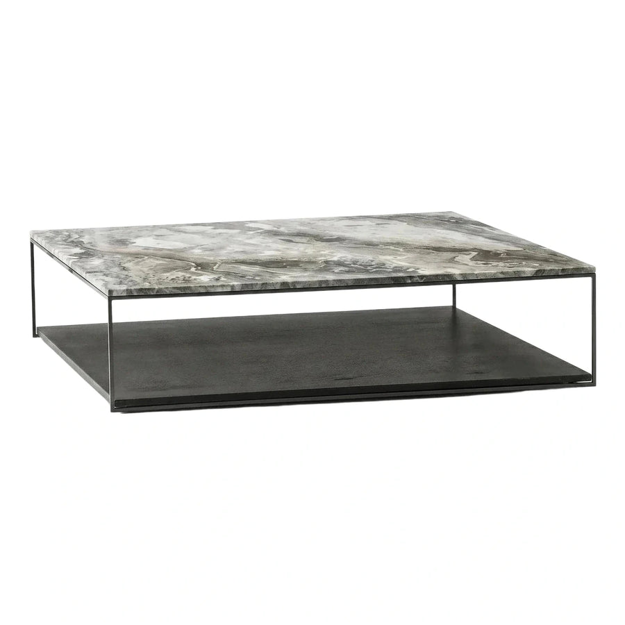 Modern Grey Marble Top Coffee Table With Black Shelf