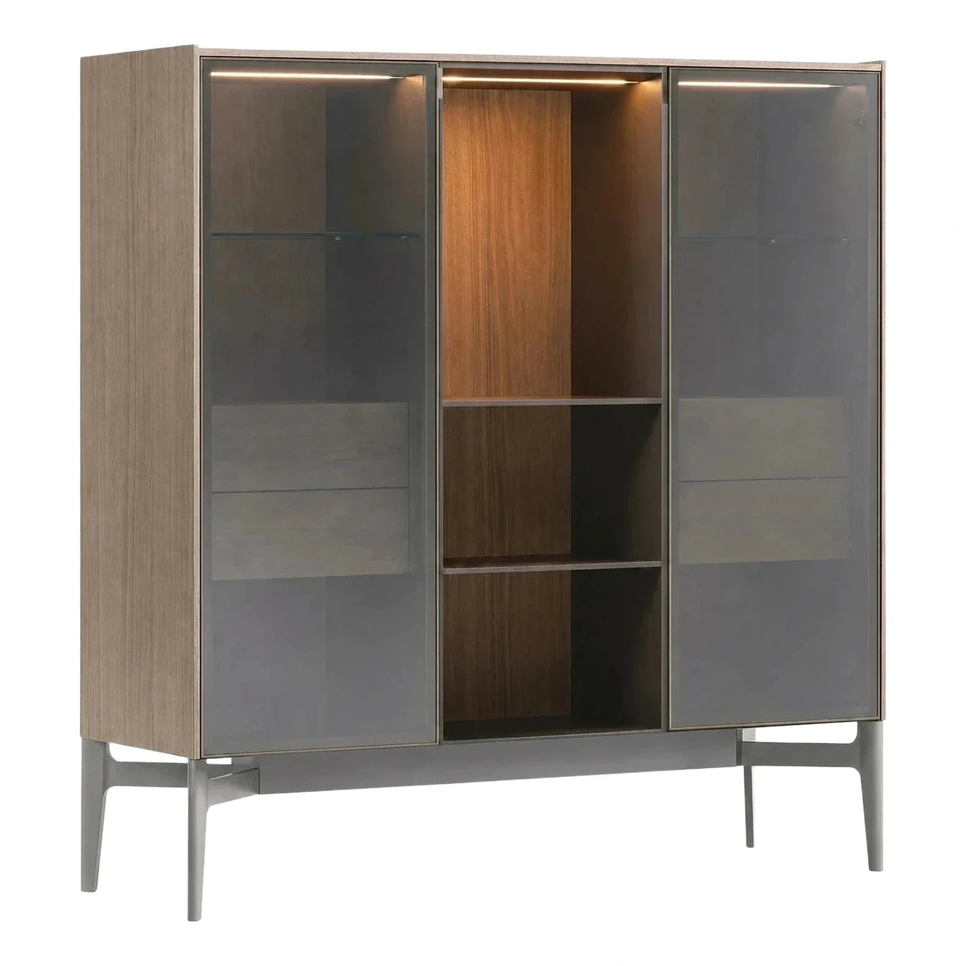 Modern Light Wood Display Cabinet with Smoked Glass Doors