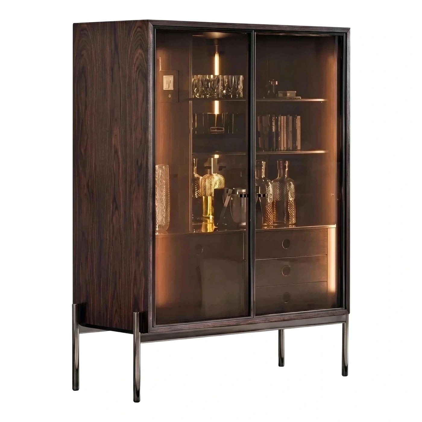 Modern Dark Wood Glass Display Cabinet with LED Lights
