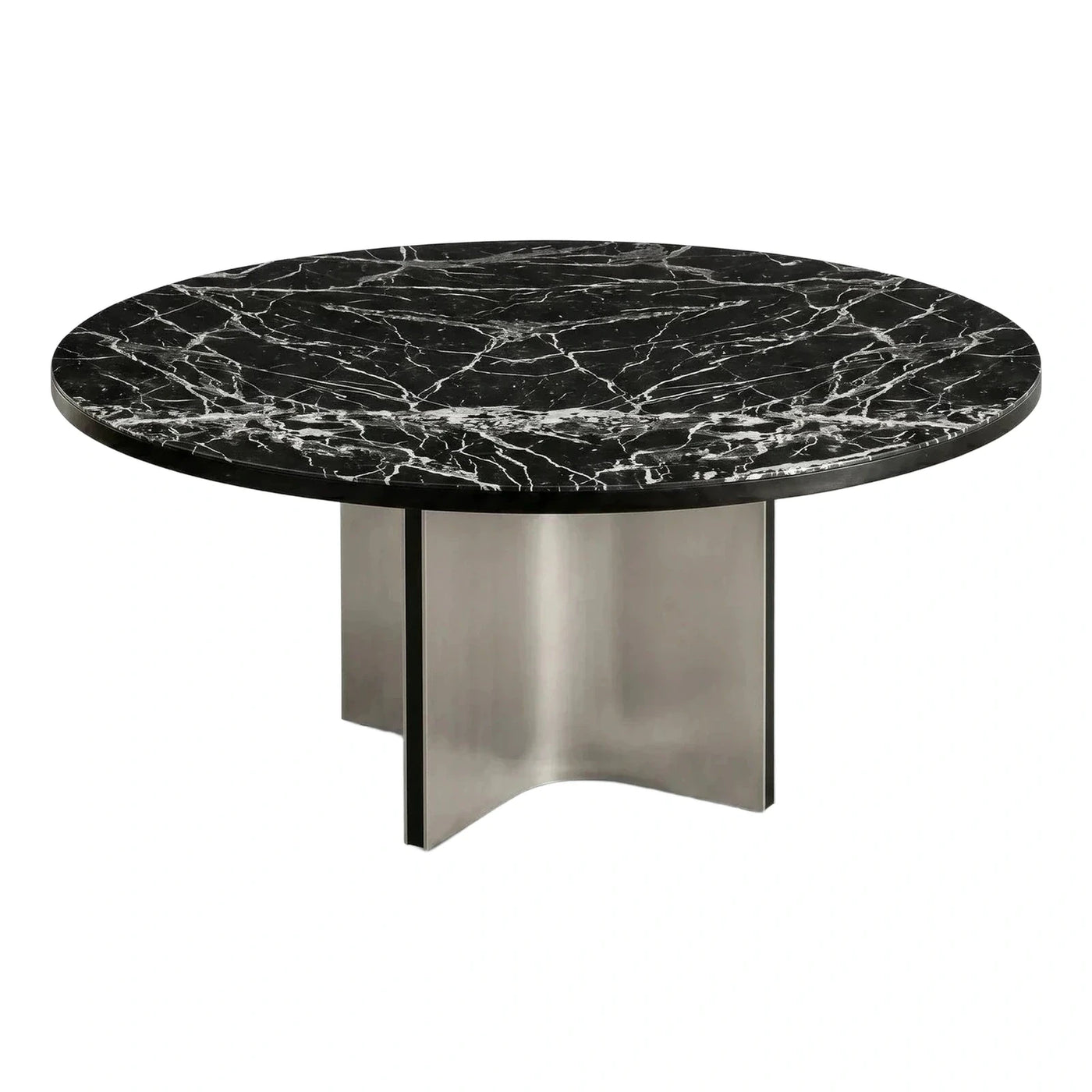 Round Black Marble Dining Table with Sculptural Metal Base