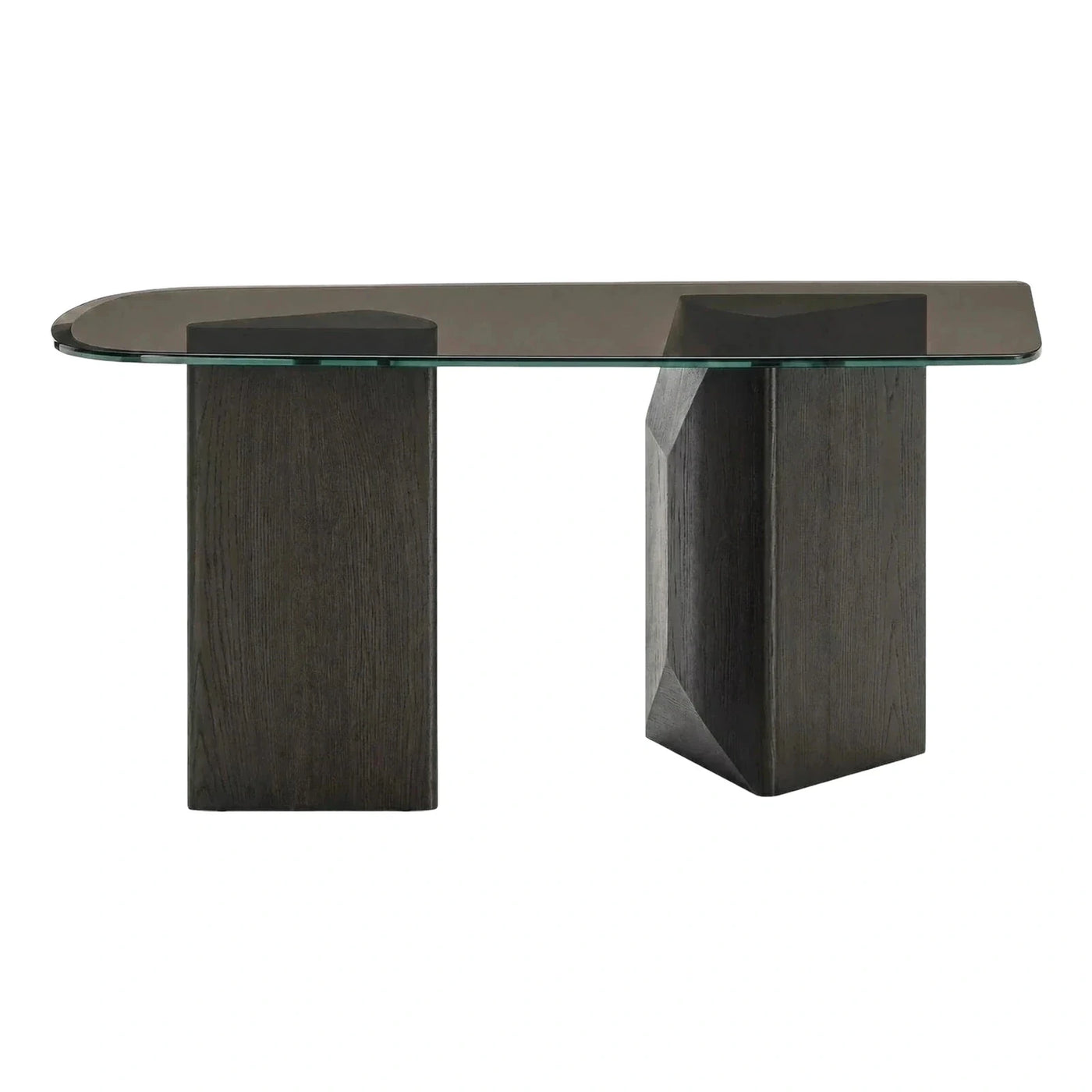 Modern Smoked Glass Dining Table with Geometric Wood Base