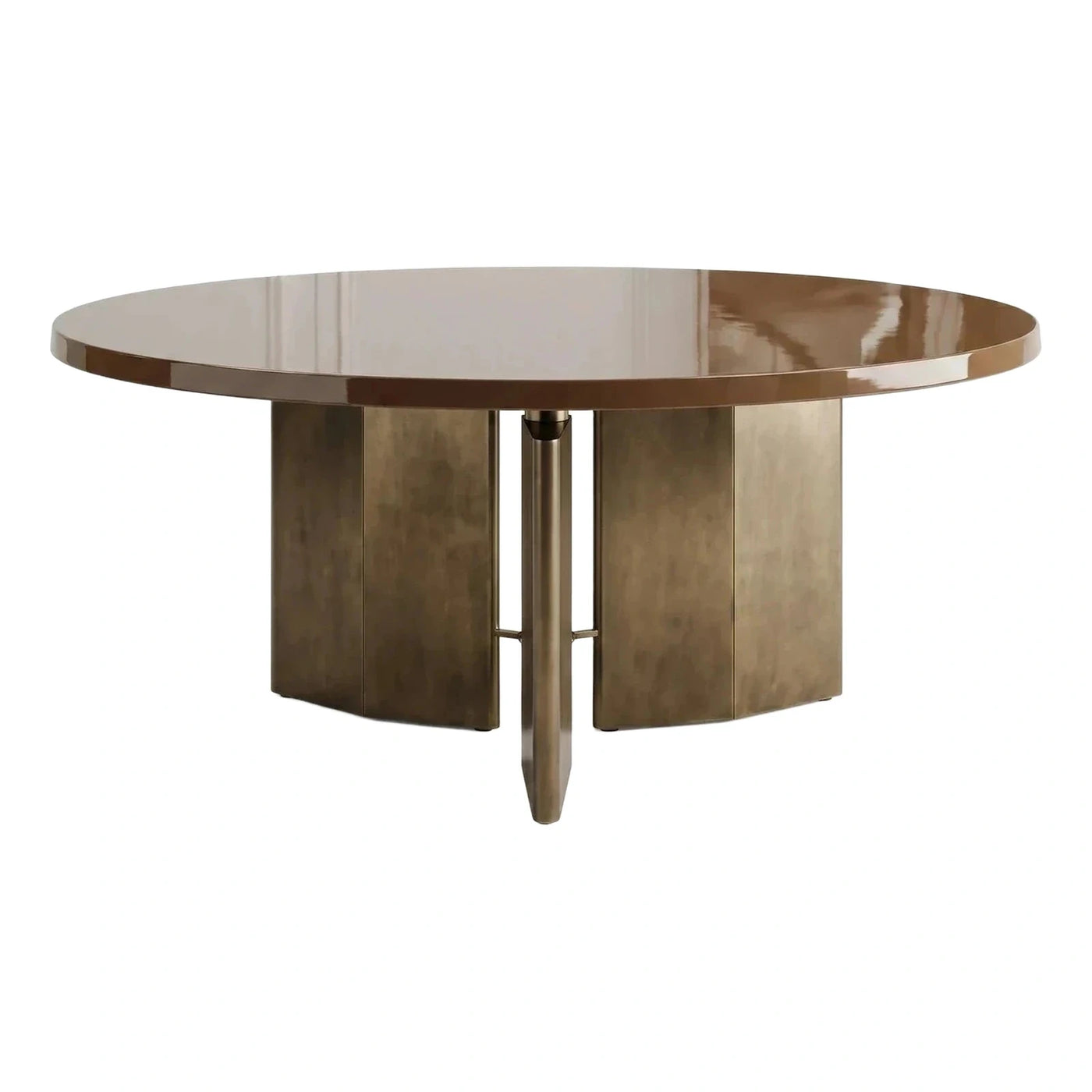 Modern Round Glossy Brown Dining Table Metal Base