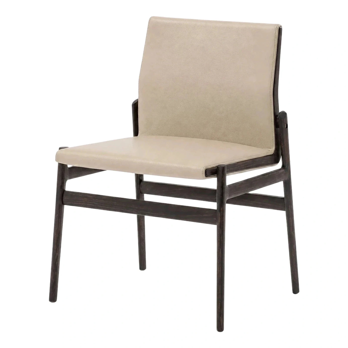 Modern Beige Leather Dining Chair with Dark Wood Frame