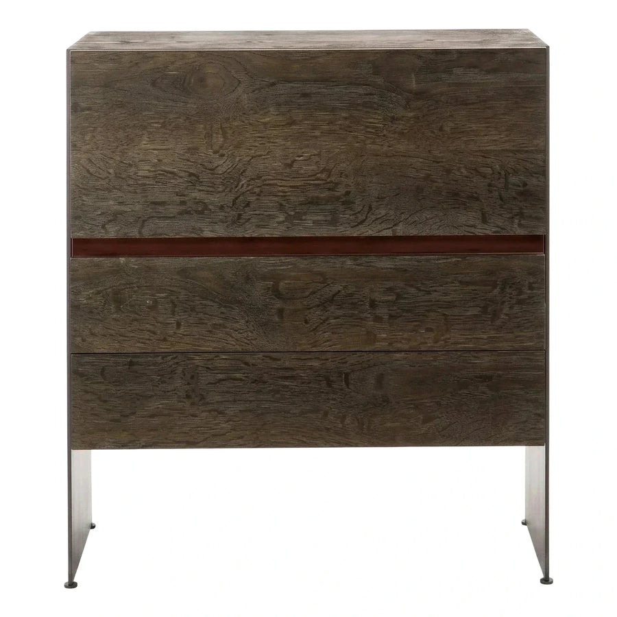 Dark Wood Three Drawer Chest with Metal Legs