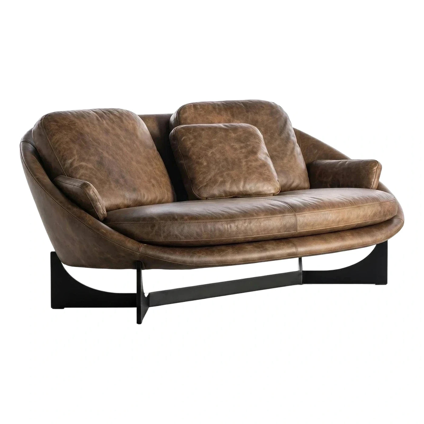 Distressed Brown Leather Loveseat with Black Metal Base