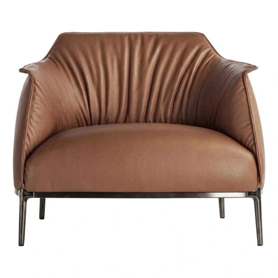 Modern Brown Leather Loveseat with Pleated Back