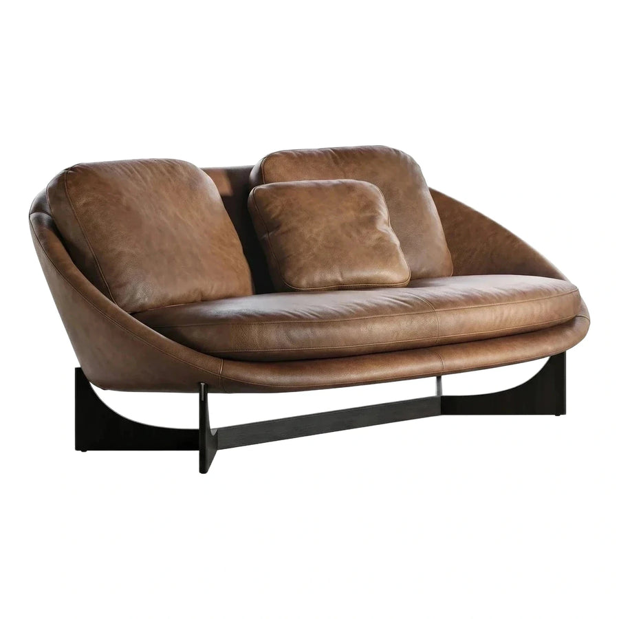 Modern Brown Leather Curved Loveseat with Dark Base