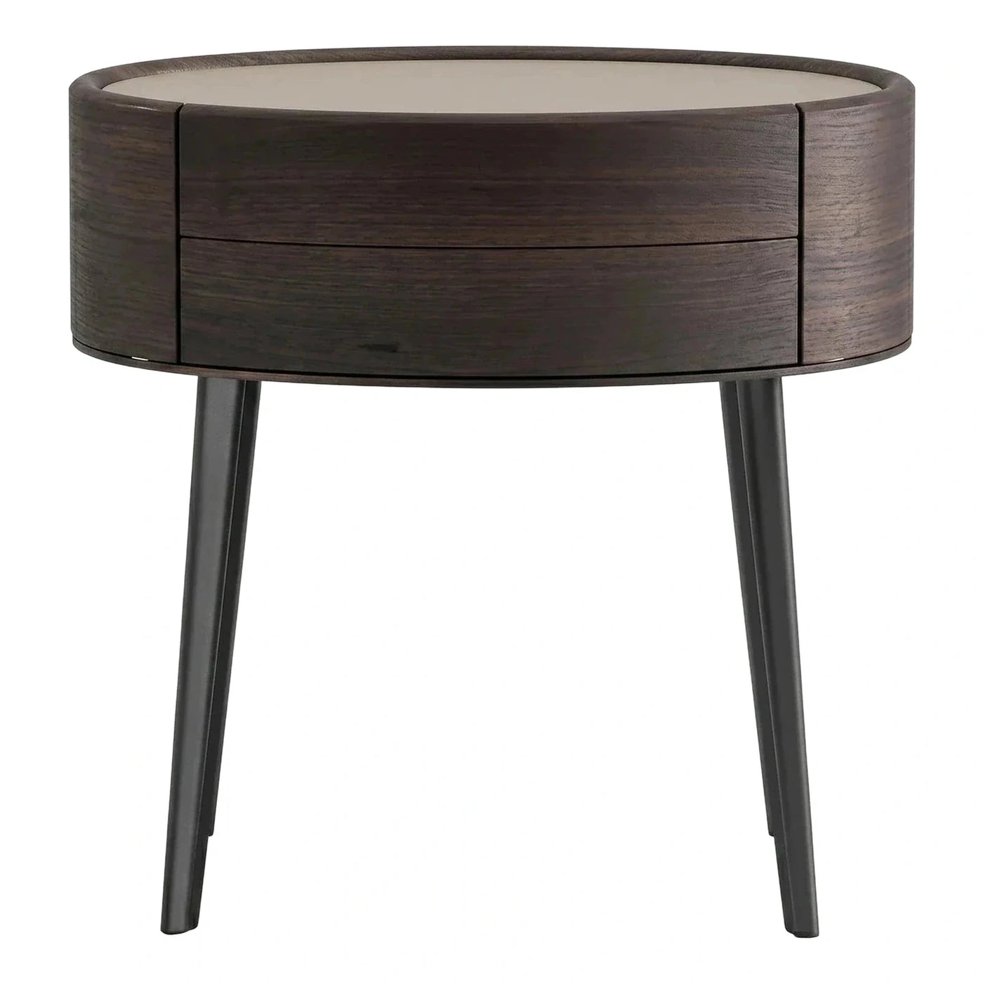 Modern Dark Wood Oval Nightstand with Drawers