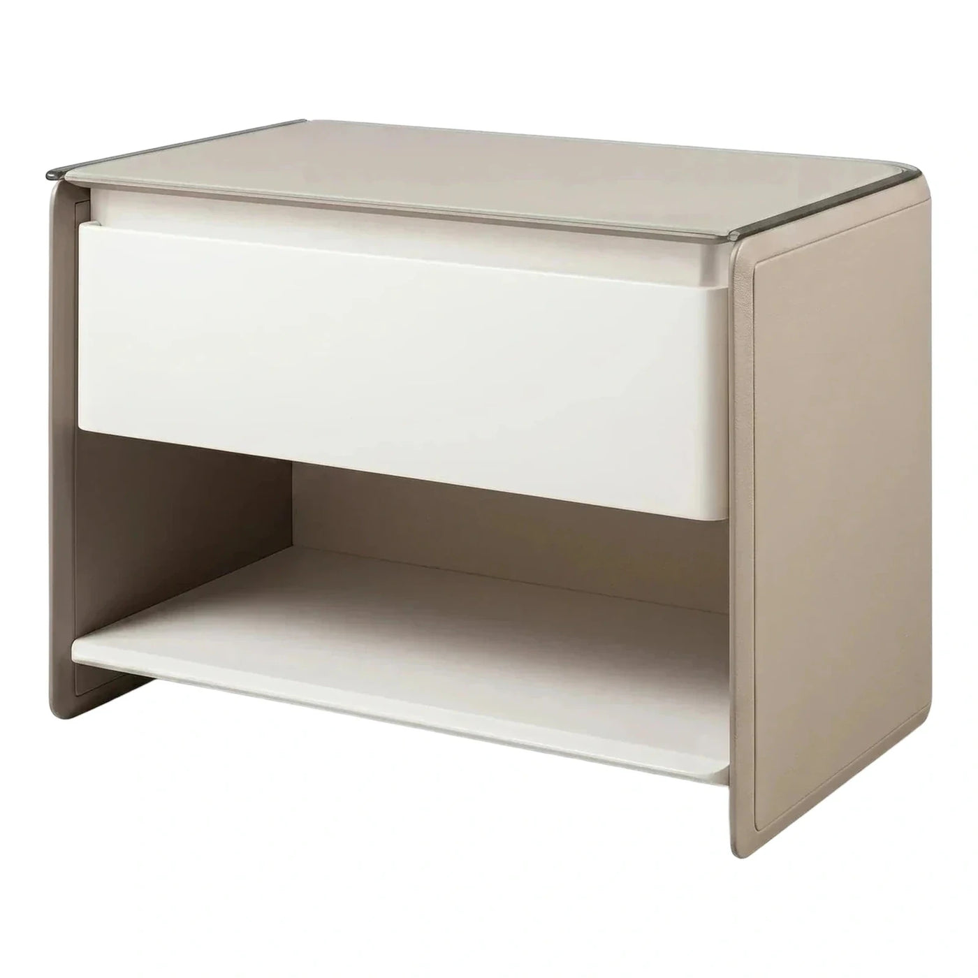 Modern Nightstand with Glass Top and Leather Sides