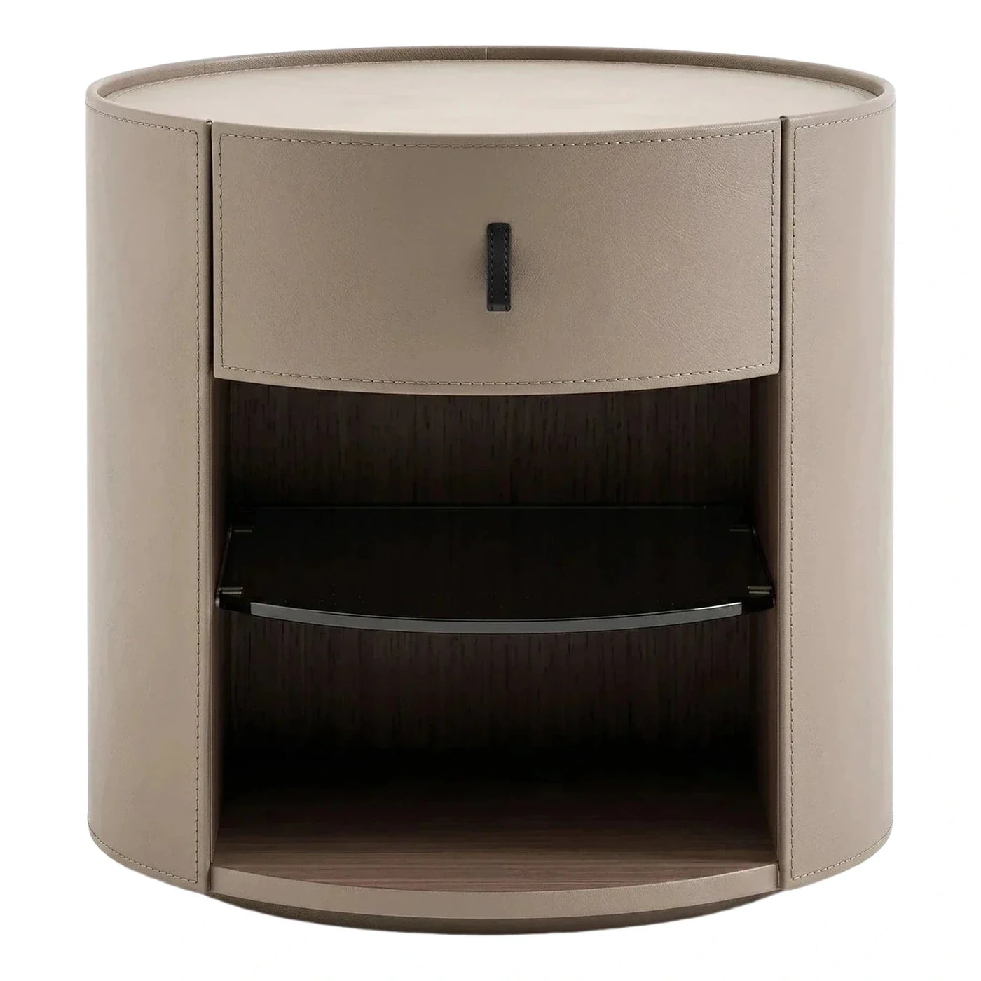 Cylindrical Beige Leather Nightstand with Drawer