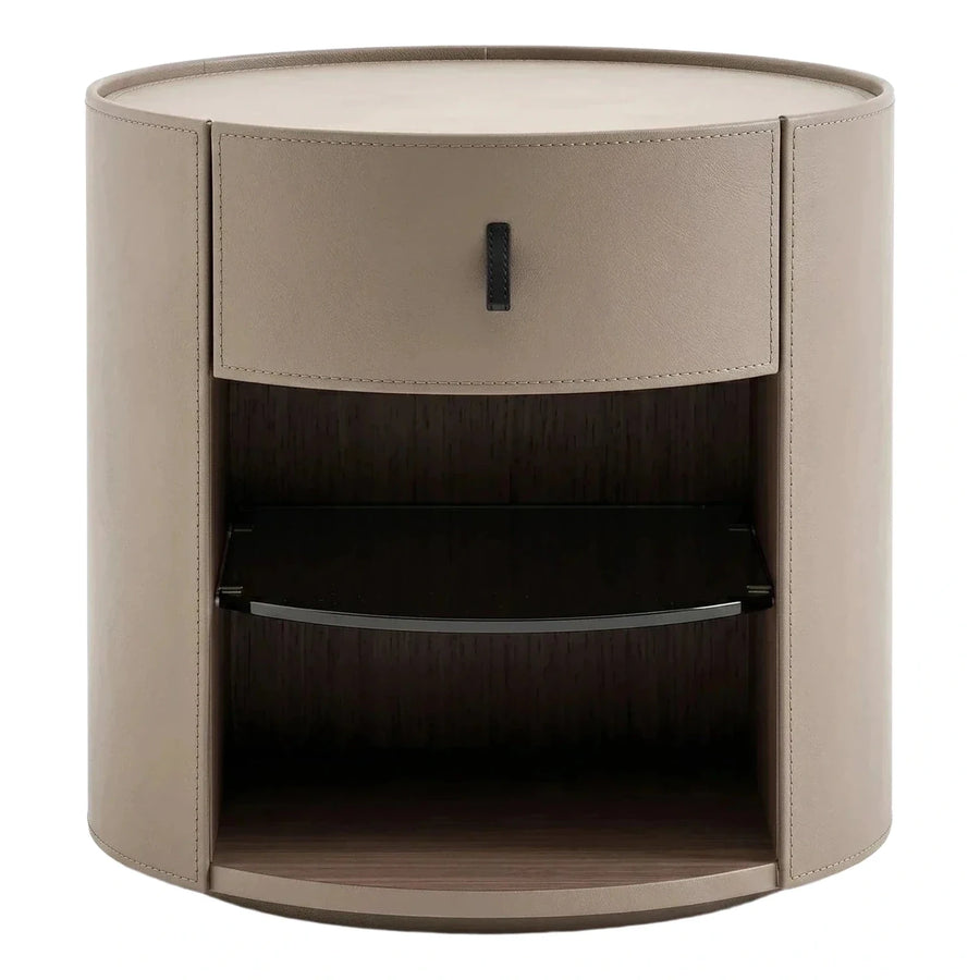 Cylindrical Beige Leather Nightstand with Drawer