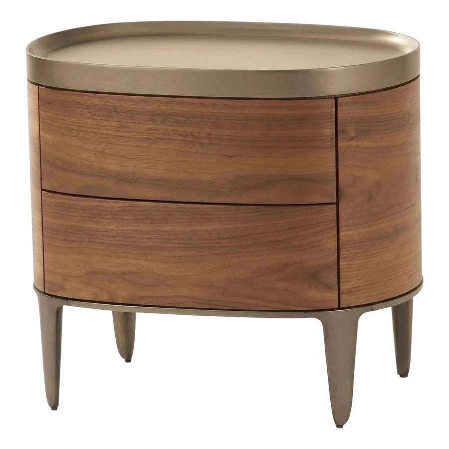 Curved Wood Nightstand with Metal Rim and Tapered Legs