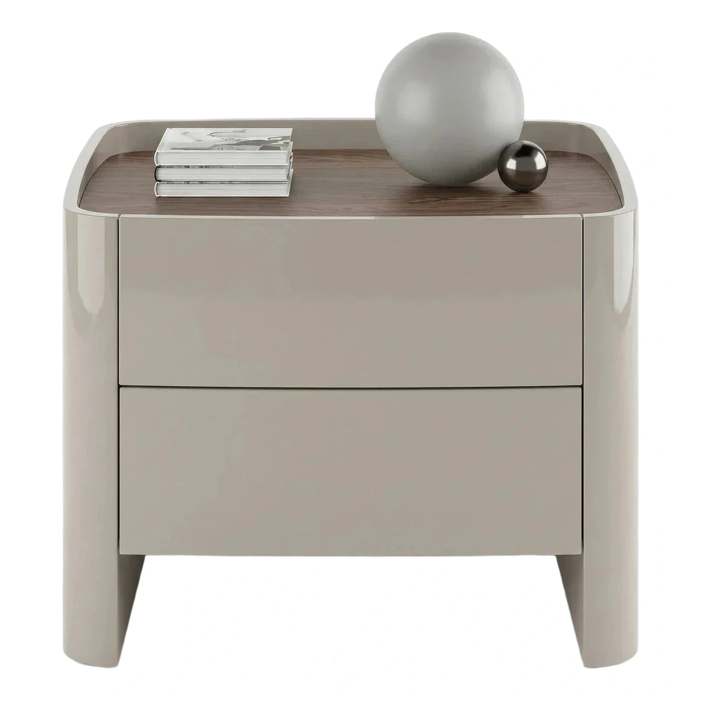 Modern Glossy Beige Nightstand with Wood Top
