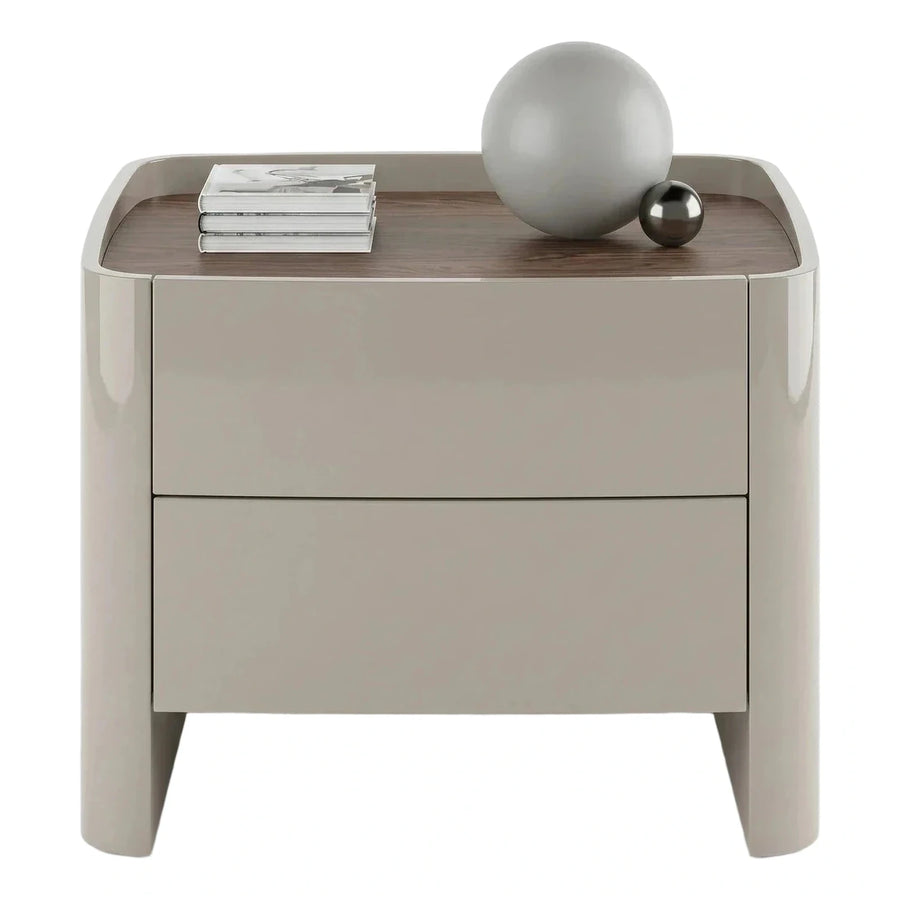 Modern Glossy Beige Nightstand with Wood Top