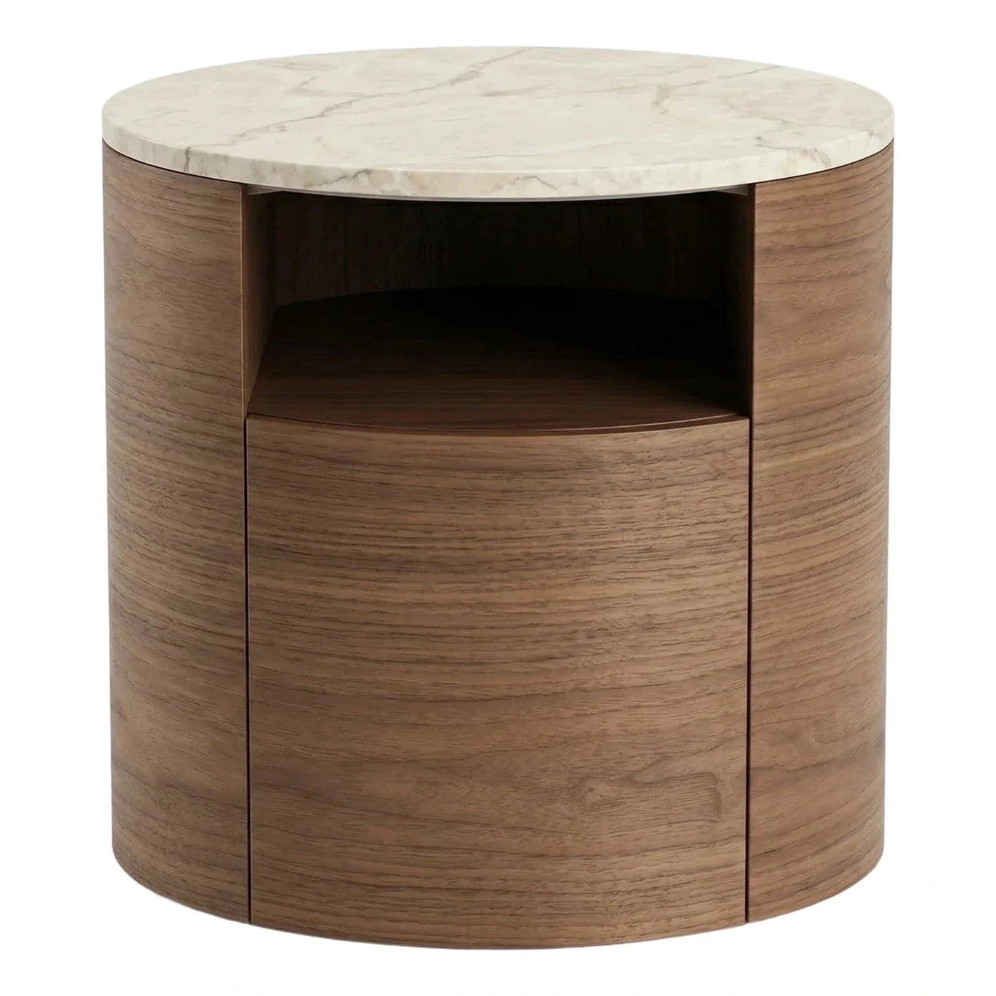 Cylindrical Wood Nightstand with Marble Top