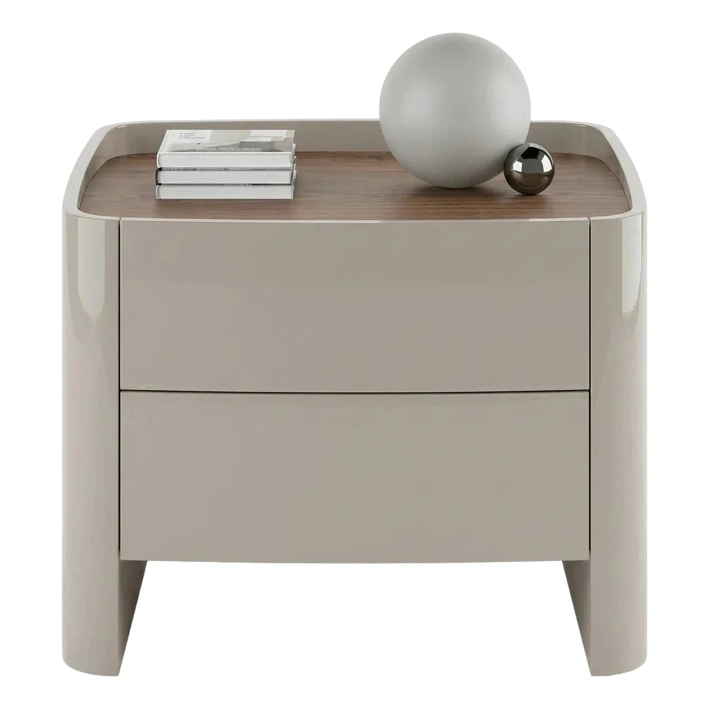Modern Glossy Beige Nightstand with Wood Top