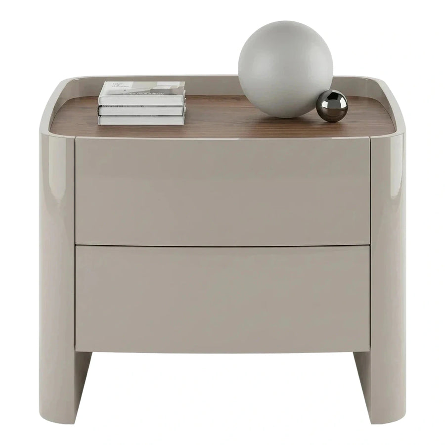 Modern Glossy Beige Nightstand with Wood Top
