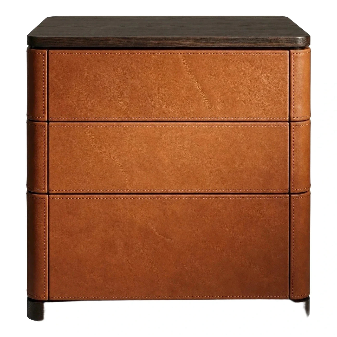 Modern Tan Leather Three Drawer Nightstand