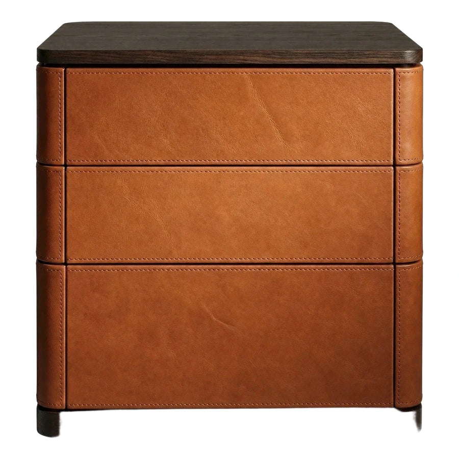 Modern Tan Leather Three Drawer Nightstand