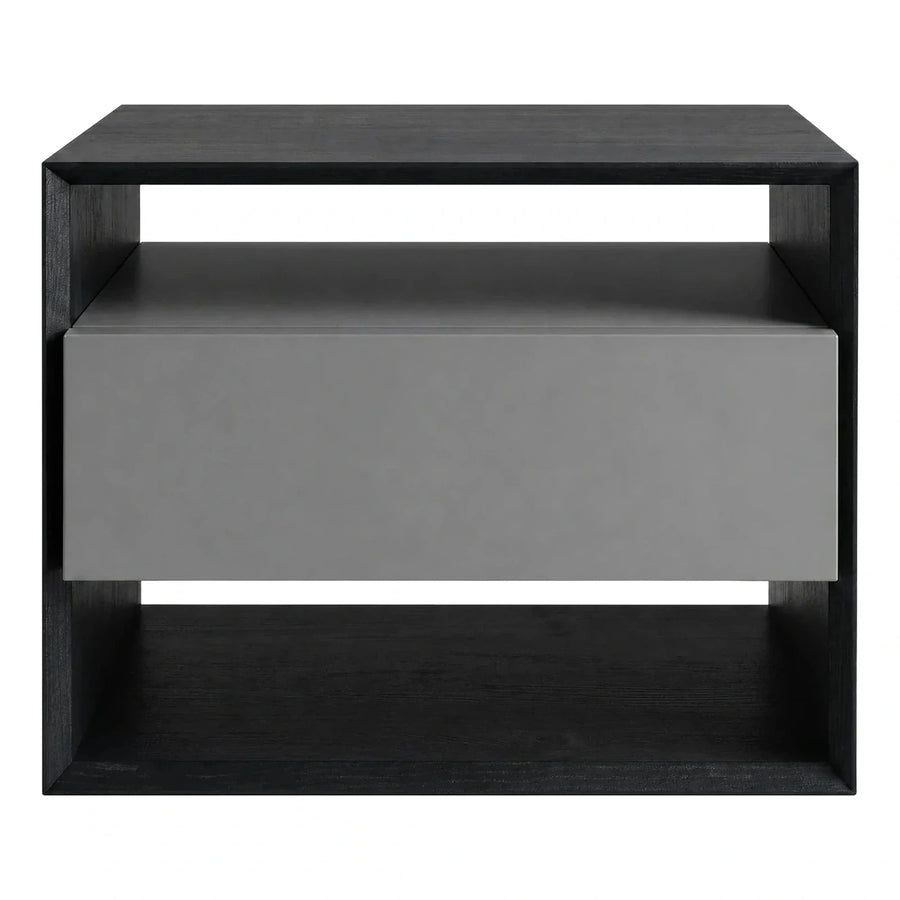 Modern Black Wood Nightstand with Grey Drawer