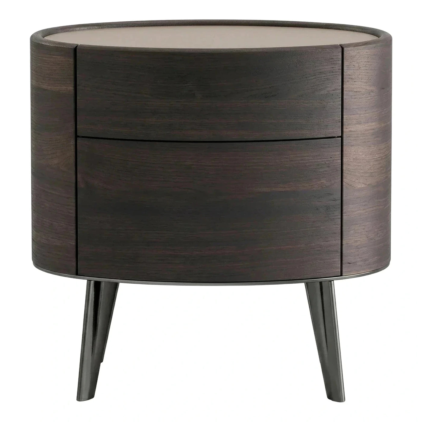 Modern Round Dark Wood Nightstand With Drawers