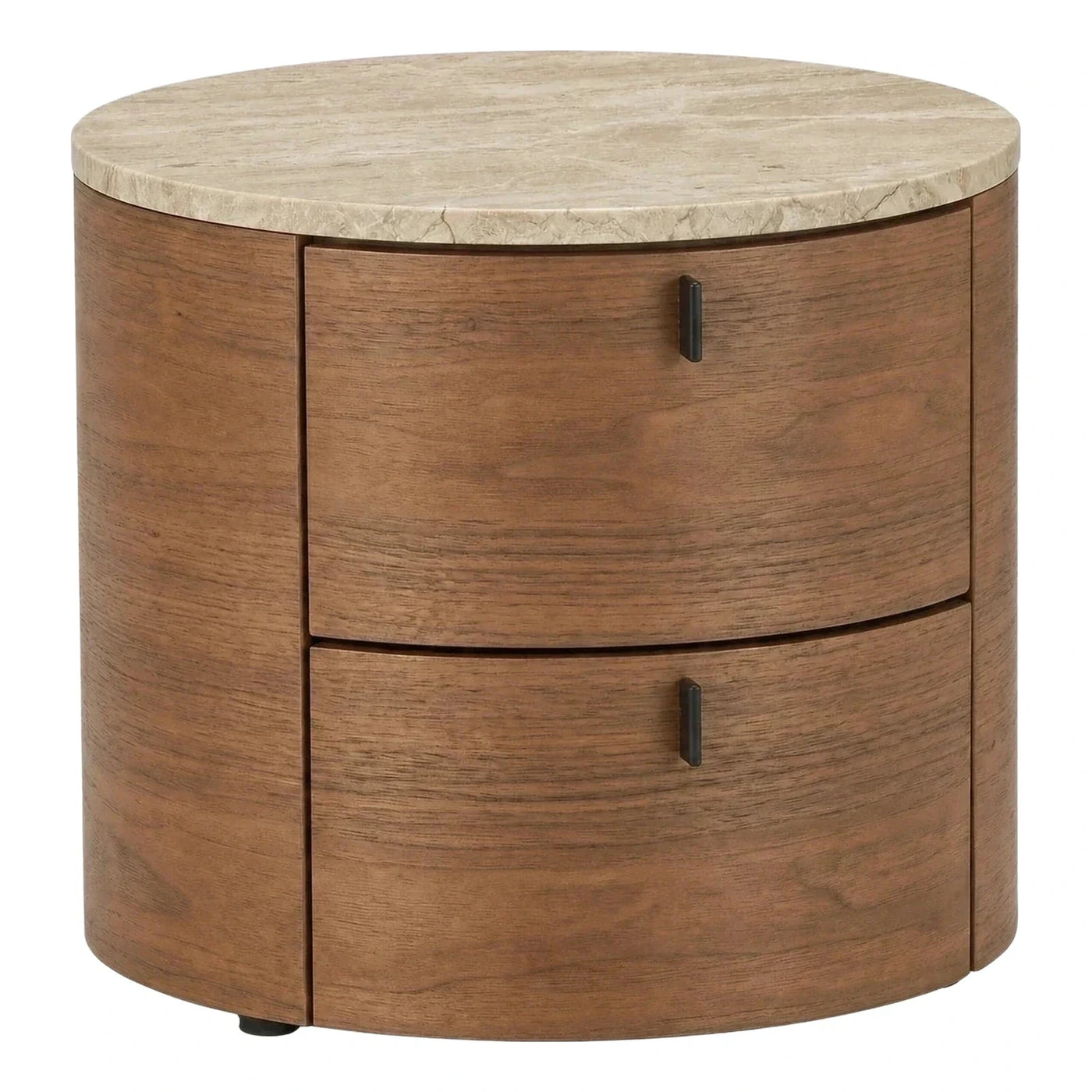 Round Wood Nightstand with Stone Top and Drawers
