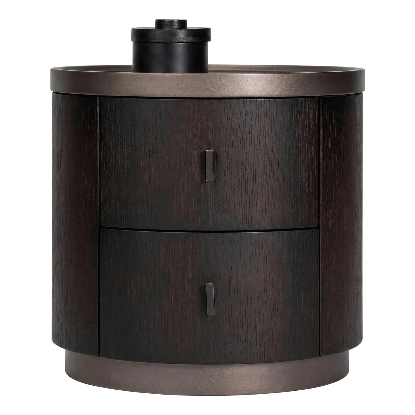 Dark Wood Cylindrical Nightstand with Metal Trim