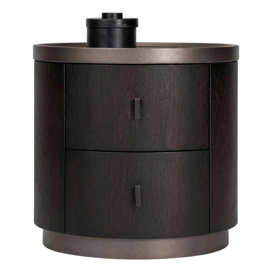Dark Wood Cylindrical Nightstand with Metal Trim